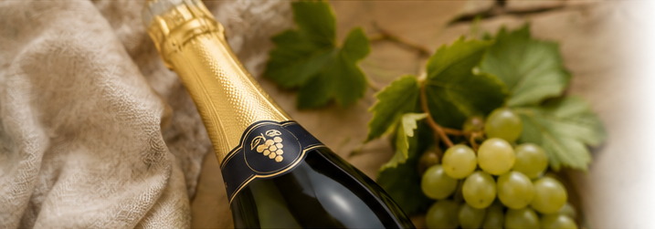 A bottle of First Fruit Sparkling Grape Juice resting on linen beside green grapes and vine leaves