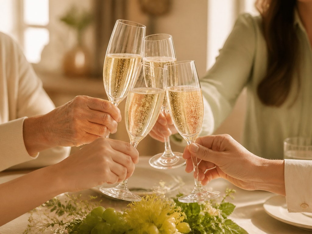 Four hands raising flutes of sparkling grape juice in a toast around a family table