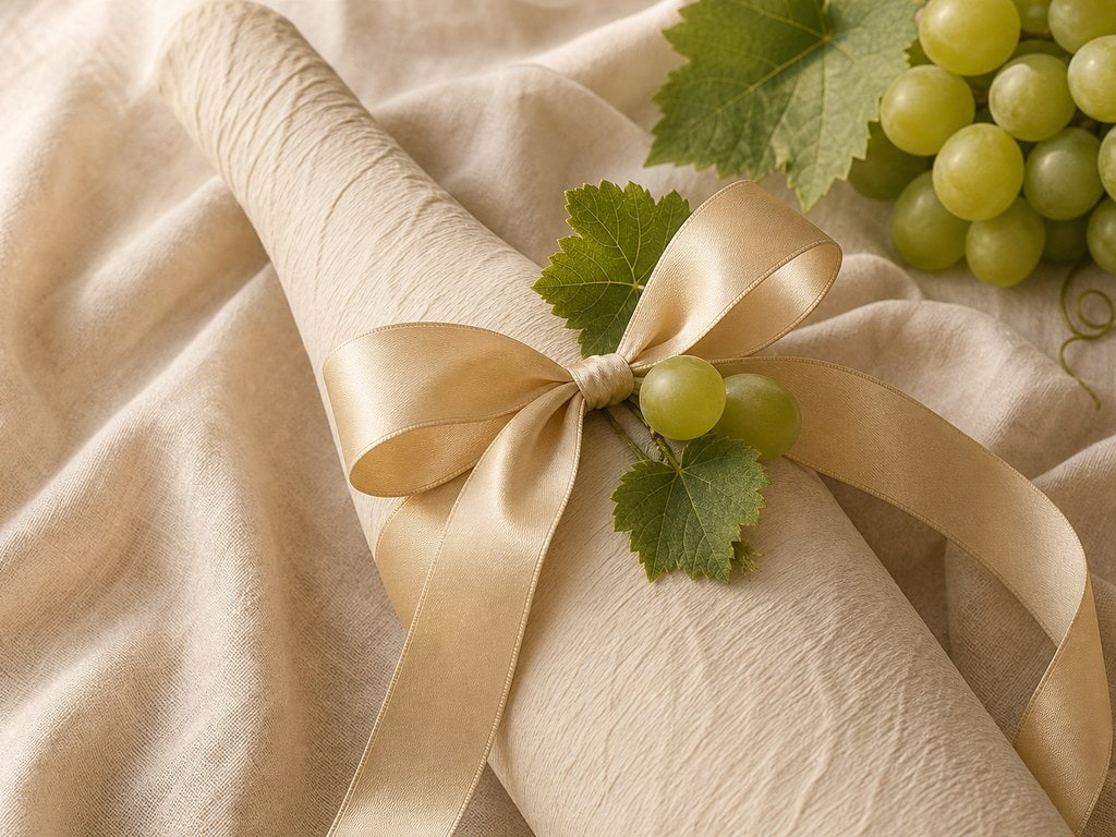 A bottle wrapped in cream paper and tied with a gold ribbon and grape leaves