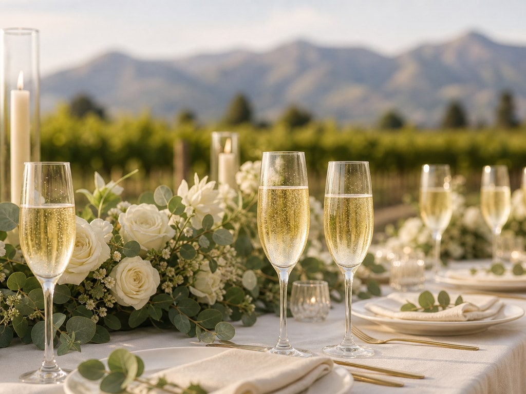 A vineyard wedding table set with white roses and filled flutes, mountains beyond