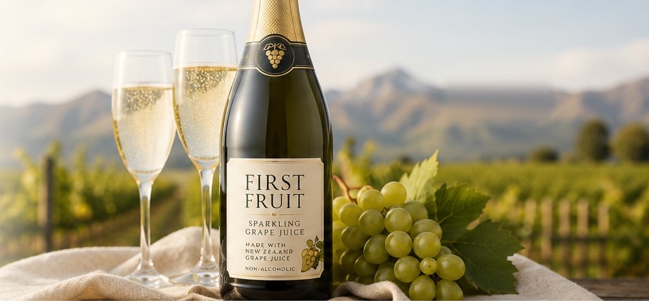 First Fruit Sparkling Grape Juice beside two filled flutes and fresh green grapes in a New Zealand vineyard